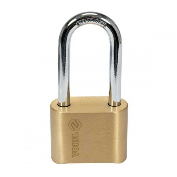 Замок навісний з кодовим замиканням VOREL: латунний корпус- 52х 40 х25 мм, сталева дуга- 56х25х 8 мм