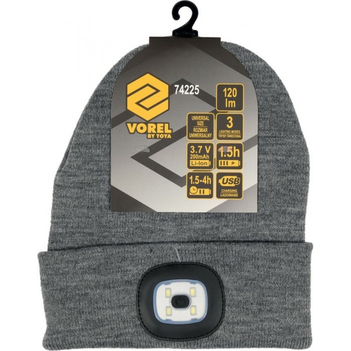 Шапка зимова сіра VOREL з акумуляторним- 3,7 В ліхтарем 120 Lm [10/80] DW