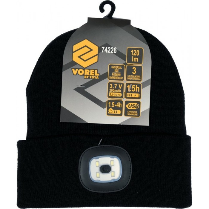 Шапка зимова чорна VOREL з акумуляторним- 3,7 В ліхтарем 120 Lm [10/80] DW