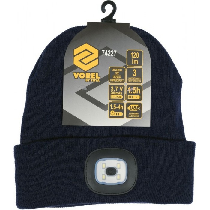 Шапка зимова темно-синя VOREL з акумуляторним- 3,7 В ліхтарем 120 Lm [10/80] DW