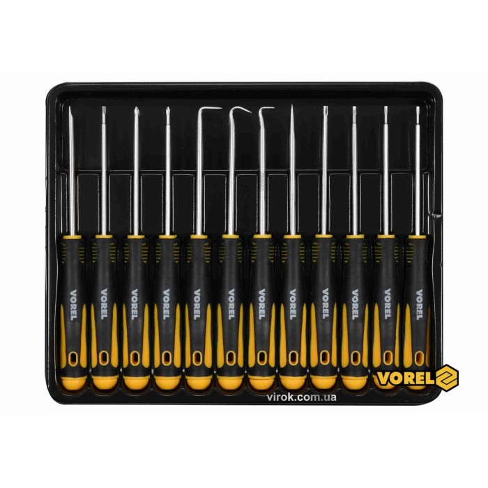 Набір викруток і гачків прецизійних VOREL : L= 165 мм, SL, PH, TORX, Cr-V, 12 шт [10/40]
