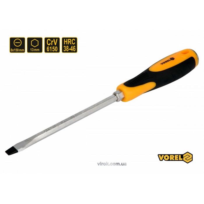 Викрутка плоска ударна з 6-гранним стержнем VOREL : SL8 х 150 мм, HRC 38-46, Cr-V [12/72] DW