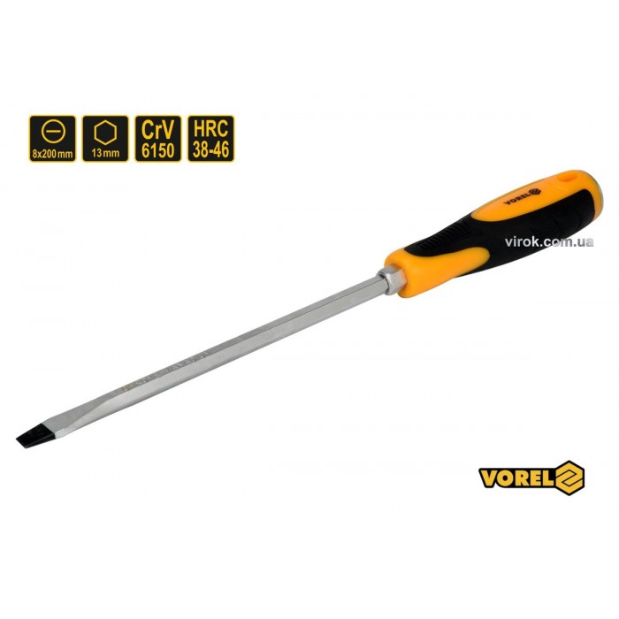 Викрутка плоска ударна з 6-гранним стержнем VOREL : SL8 х 200 мм, HRC 38-46, Cr-V [12/72] DW