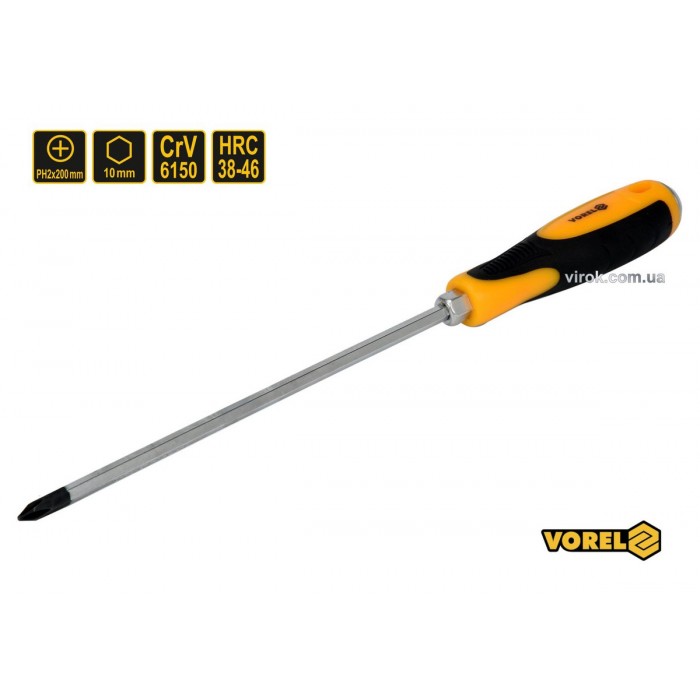 Викрутка хрестова ударна з 6-гранним стержнем VOREL : PH2 х 200 мм, HRC 38-46, Cr-V [12/72] DW