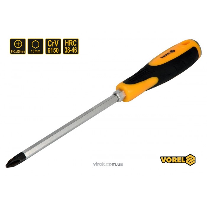Викрутка хрестова ударна з 6-гранним стержнем VOREL : PH3 х 150 мм, HRC 38-46, Cr-V [12/72] DW