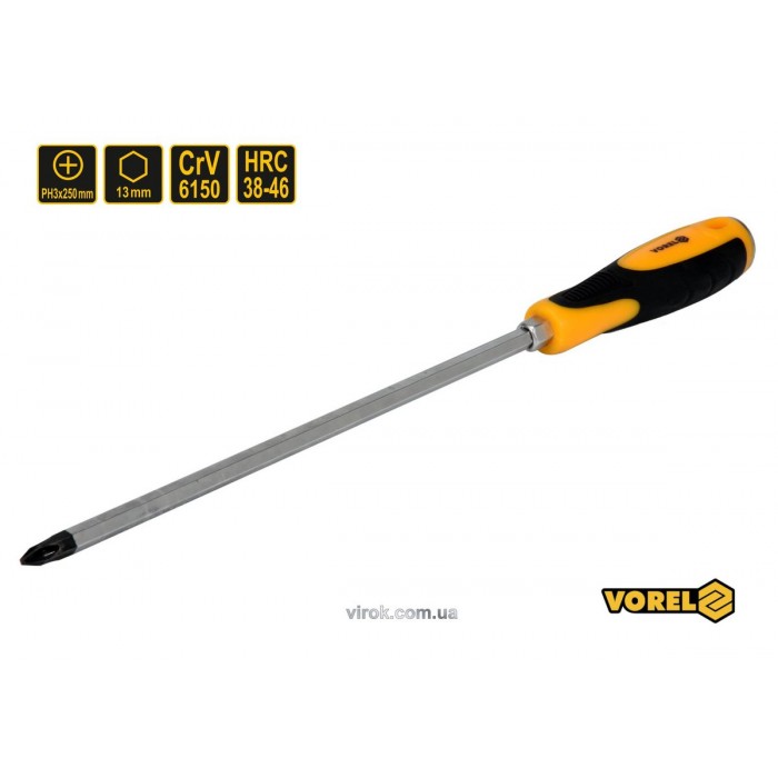 Викрутка хрестова ударна з 6-гранним стержнем VOREL : PH3 х 250 мм, HRC 38-46, Cr-V(DW)