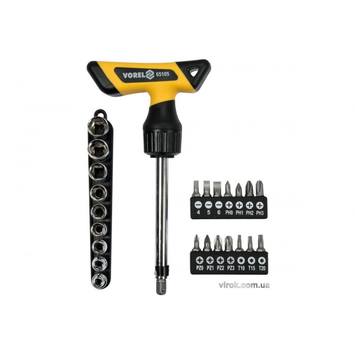 Викрутка реверсивна Т-подібна VOREL: тріщатка, з насадками і головками 1/4". [Набір 25 Елем.] [6/36]