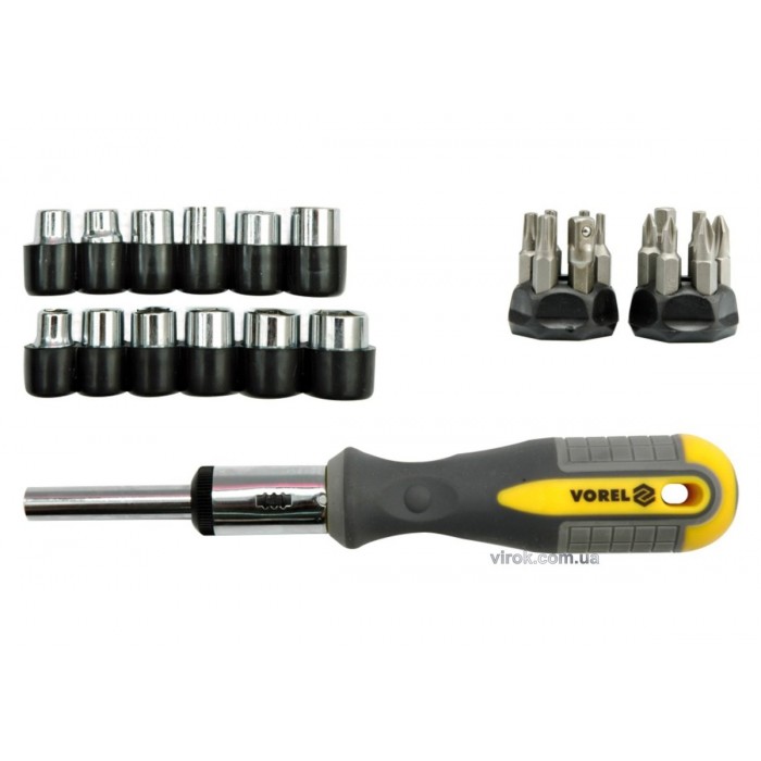 Викрутка VOREL з тріщаткою, торцевими головками і викрутковими насадками, набір 29 шт. [6/24]
