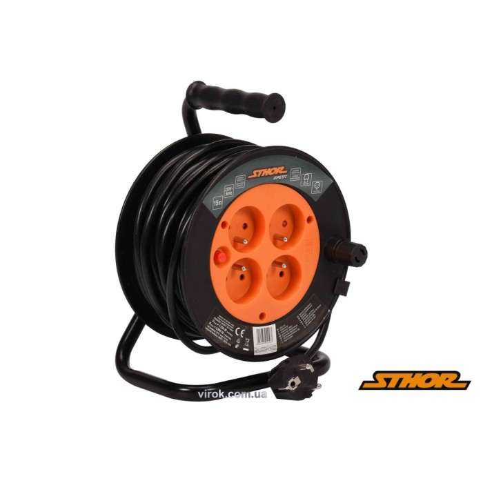 Подовжувач мережевий STHOR на котушці : l= 15 м, 4 гнізда, 3-жильний, Ø= 1 мм², IP44(DW)