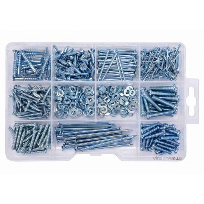Шурупи, цвяхи, шайби і гайки VOREL, набір 580 шт. [6/24]