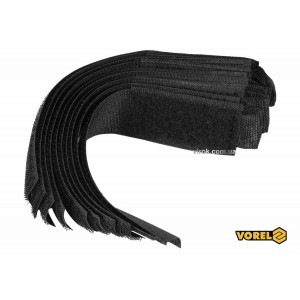 Хомут-липучка для кабеля VOREL: 25 x 150 мм, чорний, нейлон + поліестер + поліуретан, 10 шт [50/100]