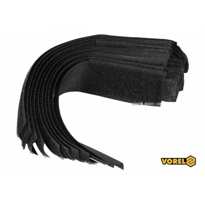 Хомут-липучка для кабеля VOREL: 25 x 150 мм, чорний, нейлон + поліестер + поліуретан, 10 шт [50/100]
