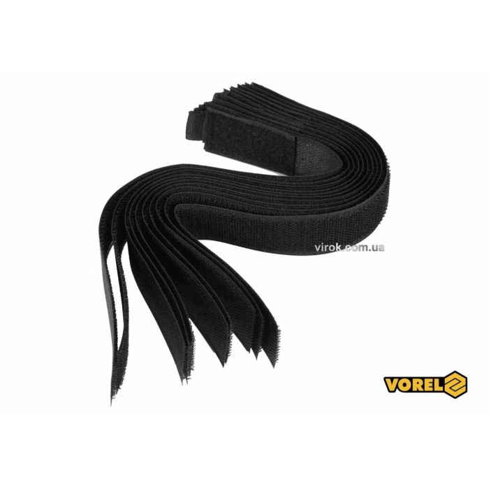 Хомут-липучка для кабеля VOREL: 25 x 300 мм, чорний, нейлон + поліестер + поліуретан, 10 шт [50/100]
