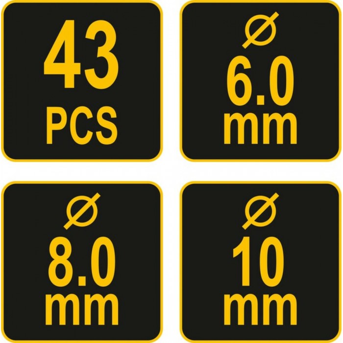 Засоби для кілкових сполучень по дереву YATO з діаметром 6, 8, 10 мм, набір 43 шт. [6/24]