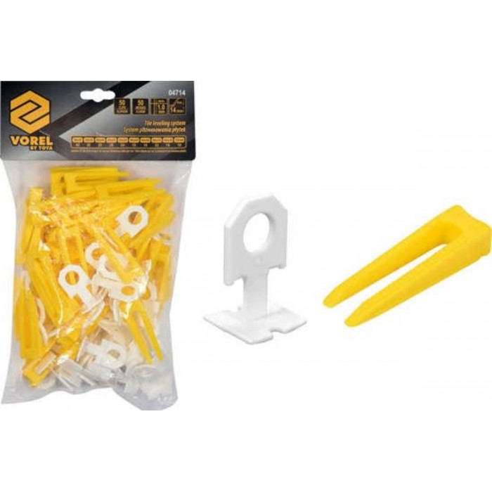 Кліпси і клини для викладання керамічної плитки VOREL : 1 мм, t≤ 14 мм. 50 + 50 шт. [15]