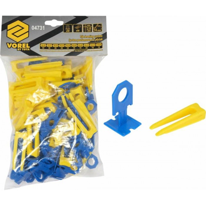 Кліпси і клини для викладання керамічної плитки VOREL : 2 мм, t≤ 14 мм. 50 + 50 шт. [15/360]