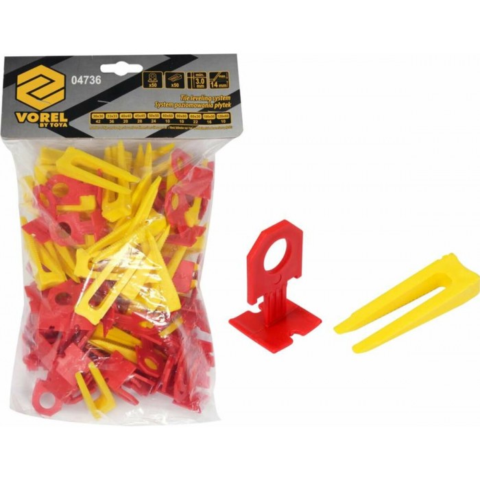 Кліпси і клини для викладання керамічної плитки VOREL : 3 мм, t≤ 14 мм. 50 + 50 шт. [15]