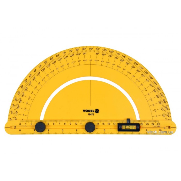 Транспортир VOREL з шкалою 0-180º і рухомим рівнем l=250 мм, з блокувальними гвинтами [10/60/720]
