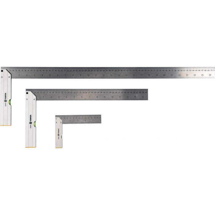 Кутники з рівнем VOREL : L=150/400/700 мм, метрична і дюймова шкали, алюміній+сталь, 3 шт [25/400]