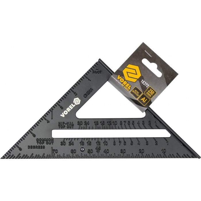 Кутник алюмінієвий VOREL зі стопкою, 180х 180х 250 мм і метричною шкалою [12/120]