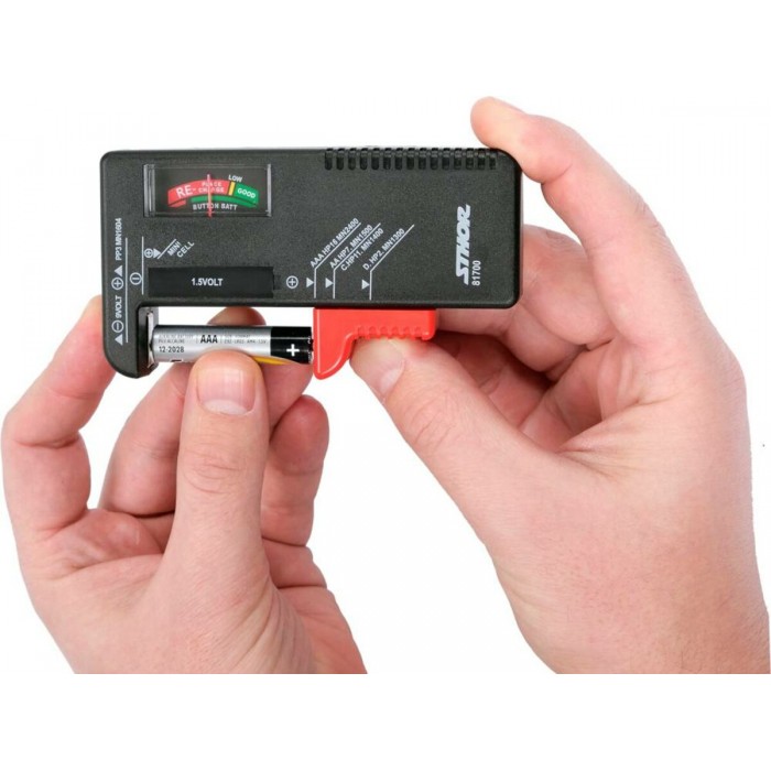 Тестер батарейок аналоговий STHOR; всі типи 1,5 В і 9 В [25]