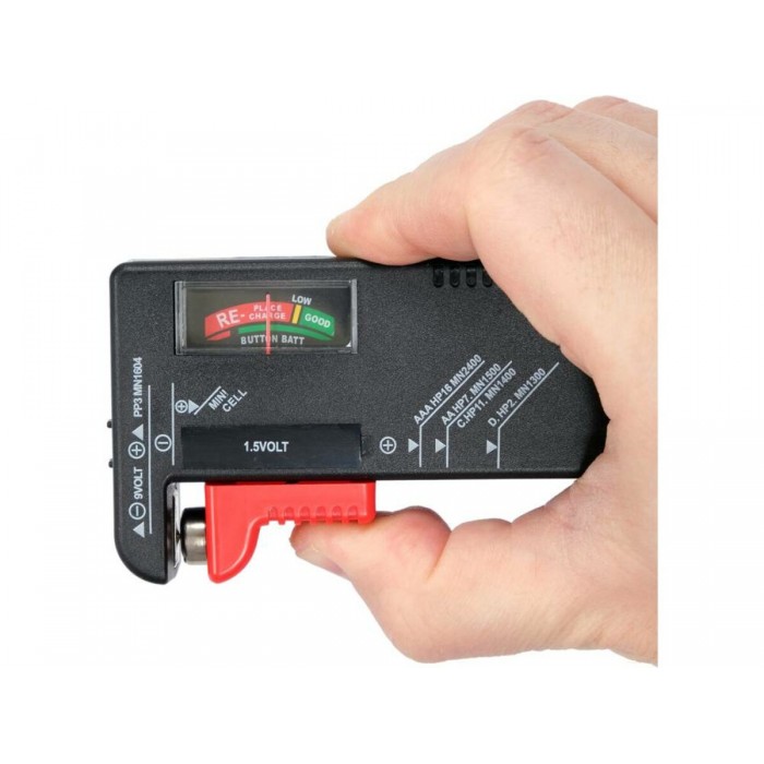 Тестер батарейок аналоговий STHOR; всі типи 1,5 В і 9 В [25]
