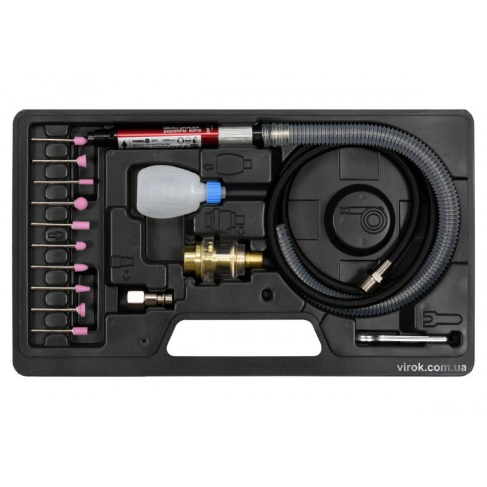 Шліфмашина пневматична VOREL міні, при тиску- 0,63 MPa, сопло Ø=3 мм, з насадками, 16 елем.[10]