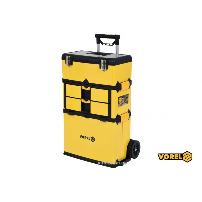 Ящик для інструментів на 2 колесах пластиковий VOREL: 3 секції, 57х37х84.5 см, телеск. ручка 58-98см
