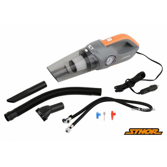 Порохотяг автомобільний STHOR: 12В, 80Вт, фільтр HEPA, з компресором 120Вт,1МПа, 20л/хв+сумка[12/48]