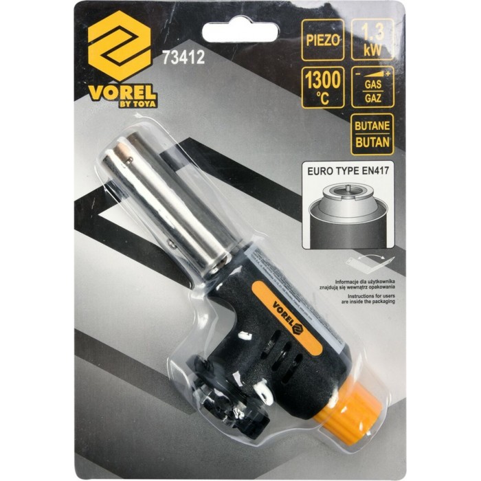 Пальник газовий VOREL з п`єзозапалом; тип з`єднання EN417 (цангове) макс. t=1300°C, P=1,3кВт [10/60]