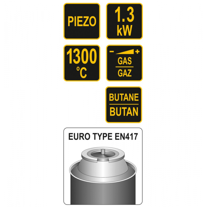 Пальник газовий VOREL з п`єзозапалом; тип з`єднання EN417 (цангове) макс. t=1300°C, P=1,3кВт [10/60]