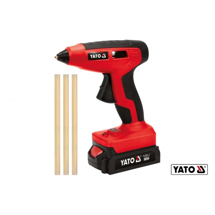 Пістолет клейовий акумуляторний YATO: Li-Ion 18В 2 Ач, для стержнів Ø11 мм, 25 г/хв + 3 стержня [10]