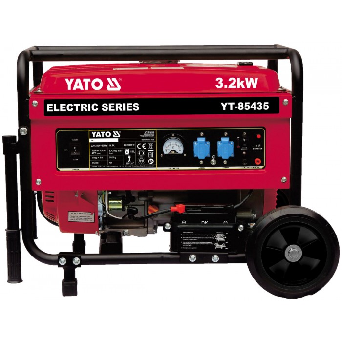 Генератор струму бензиновий YATO: P= 3.2 кВт, U= 230V AC і 12V DC, витрата- 1.45 л/г, бак- 15 л