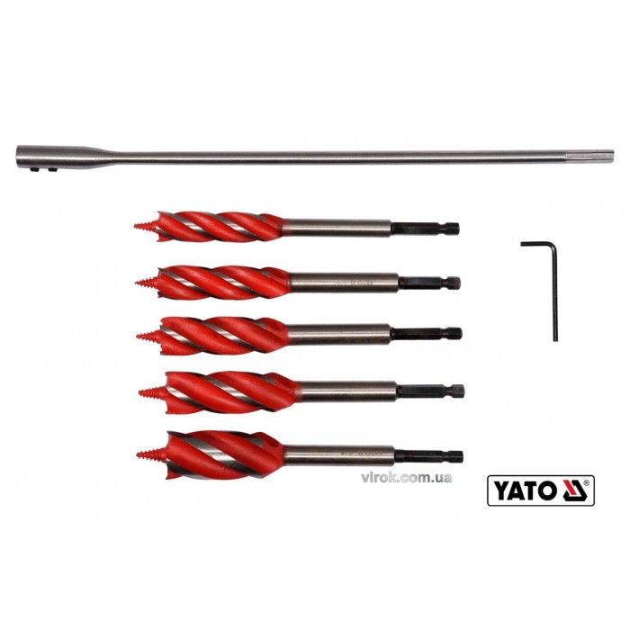 Набір свердл по дереву YATO: Ø=16-25 мм, L=165мм, з 4 пругами, HEX-1/4" +подовжувач +ключ, 7 шт [10]