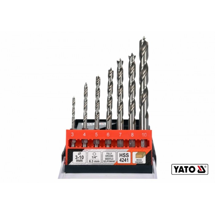 Свердла по дереву спіральні YATO: Ø3, 4, 5, 6, 7, 8, 10 мм, хвостовик- HEX 1/4", HSS 4241, 7 шт [20]