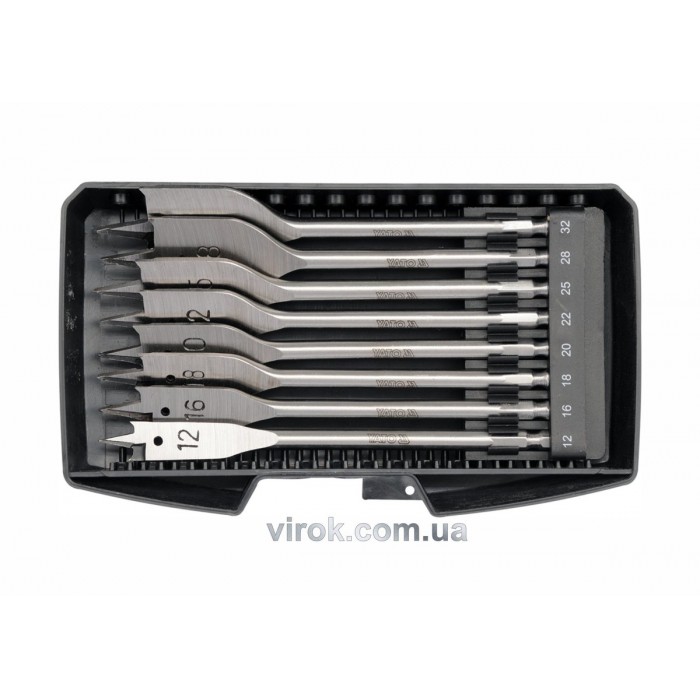 Свердла перові по дереву YATO: 6-гранний хвостик HEX-1/4", Ø=12-32 мм, L=152мм. (Набір/8 Шт.) [5/20]