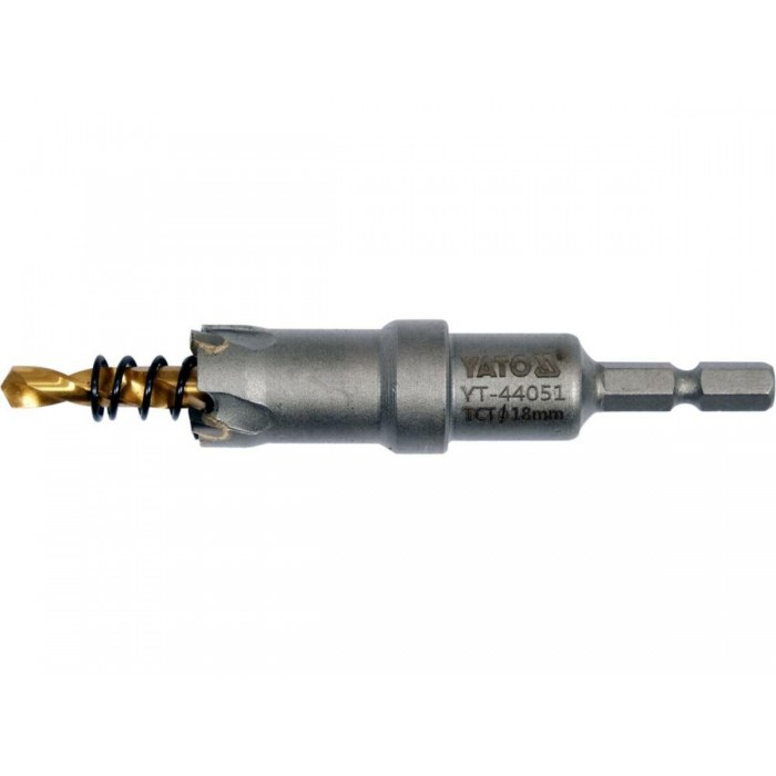 Свердло коронка по металу TCT YATO: Ø18 x103 мм, товщ. до 25мм, з напрямним, 6-гран. хвост 1/4" [10]