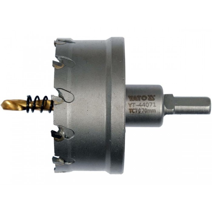 Свердло коронка по металу TCT YATO: Ø70 x 103 мм, товщ. до 25мм, з напрямним, 6-гран. хвост 3/8" [6]