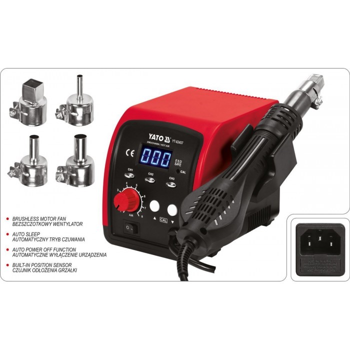Фен-станція мережева YATO: 750 Вт, t°= 100- 500°С, пов. потік- 120 л/хв, LCD табло, 4 форсунки [8]