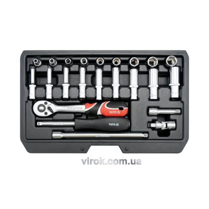 Набір головок торцевих YATO : CrV, квадрат 1/4", M 4-13 мм з інструментами. 23 шт. [10]