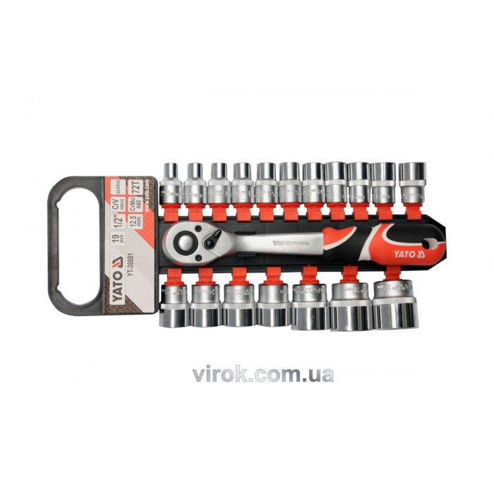 Набір головок торцевих YATO : квадрат 1/2", М8-32 мм, L= 38 мм, з тріщаткою. 19 шт. [3/6/216]