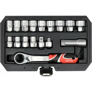 Набір головок торцевих наскрізних SPLINE YATO: квадрат 3/8" і 1/2", М10-М24 з храповим воротком [10]