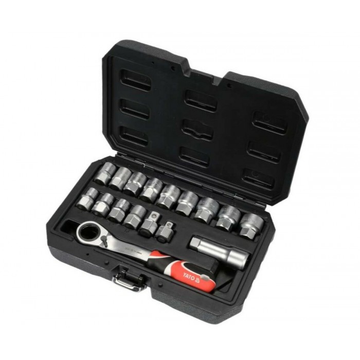 Набір головок торцевих наскрізних SPLINE YATO: квадрат 3/8" і 1/2", М10-М24 з храповим воротком [10]