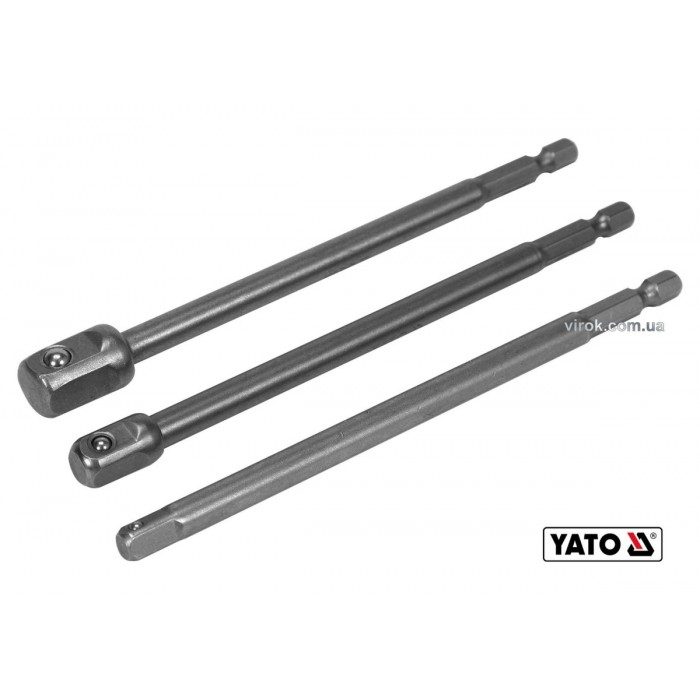 Тримачі-адаптери торцевих головок YATO: квадрат- 1/4", 3/8", 1/2", L=150мм, HEX-1/4", Cr-V, 3шт [24]
