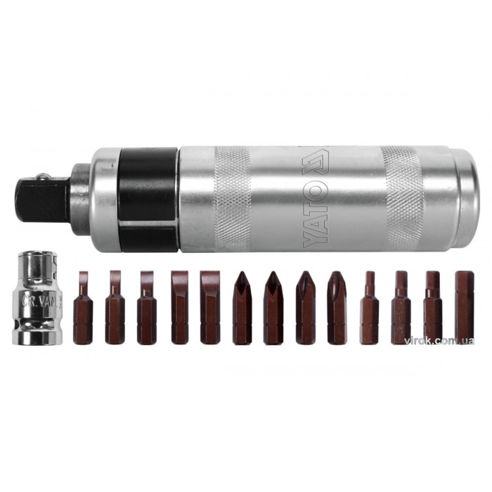 Викрутка реверсивна ударна YATO: L= 160 мм, з магнітними насадками, комплект 15 Од. [мет. Кейс] [16]