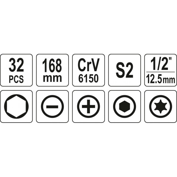 Викрутка реверсивна ударна  YATO L= 168 мм, з викрутковими насадками і головками, 32 елем. в футлярі