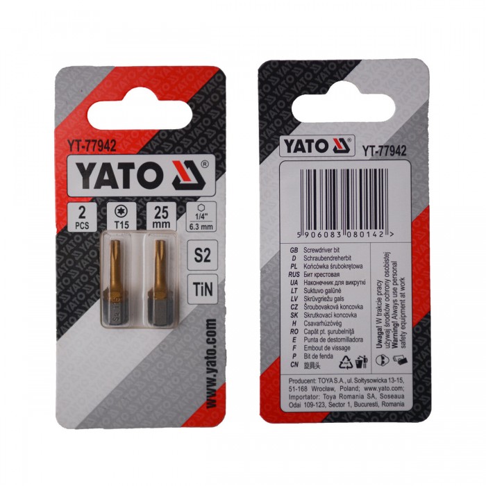 Насадка викруткова YATO TORX T15 х 25 мм. HEX 1/4", покрита титаном, 2 шт