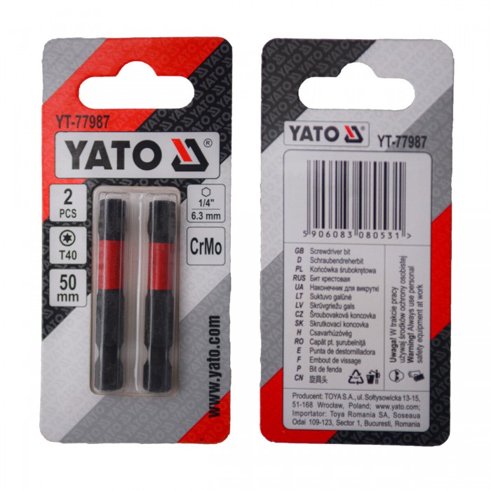 Насадка викруткова YATO TORX T40 х 50 мм. HEX 1/4", хром-молібден, 2 шт.