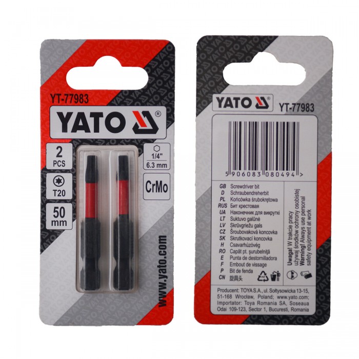 Насадка викруткова YATO TORX T20 х 50 мм. HEX 1/4", хром-молібден, 2 шт.