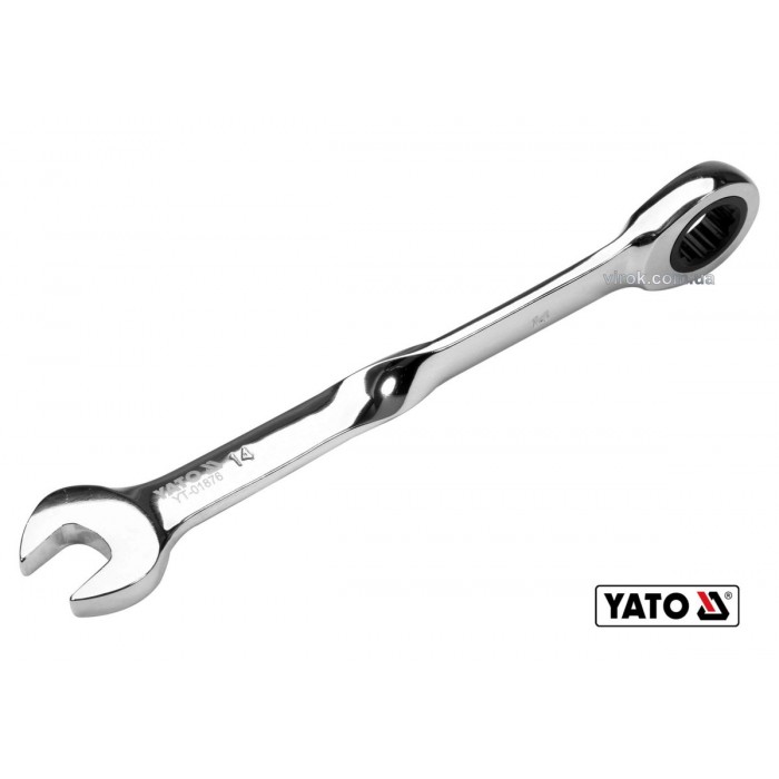Ключ ріжково-накидний, кручений 90° з тріщаткою YATO : М= 14 x 192 мм, HRC 40-45, Cr-V [25/100]